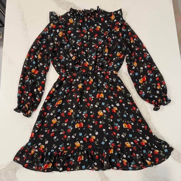 Pomelo Midi Ruffled Black Floral Long Sleeve Dress Womens Small Smocked Neckline - Picture 1 of 9